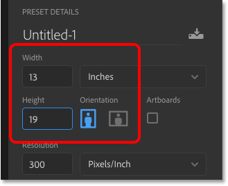 Entering custom width and height values into Photoshop's New Document dialog box.