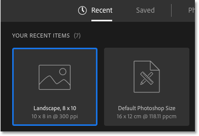 Photoshop's Recent Files list showing the previous document size