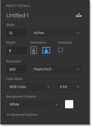 The Preset Details panel in Photoshop's New Document dialog box.