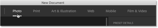 Choosing Photo from the document categories in the New Document dialog box.