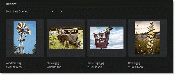 Photoshop's Home Screen displaying all recent files as thumbnails