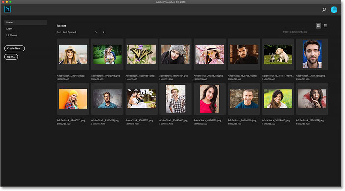 Photoshop CC'deki Giriş Ekranı, son dosyaların küçük resimlerini gösterir.