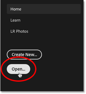 Clicking the Open button on Photoshop's Home Screen.