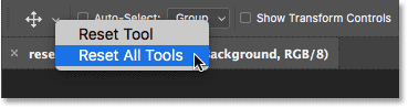 Choosing the Reset All Tools command in the Options Bar in Photoshop.