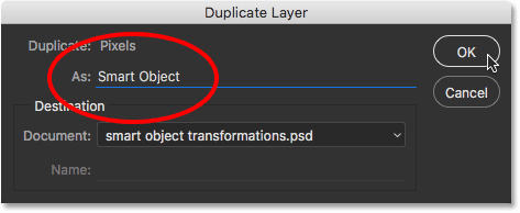 The Duplicate Layer dialog box in Photoshop CC.