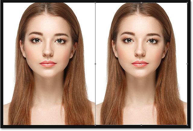 The document showing the Free Transform handles around the pixel-based image on the right.