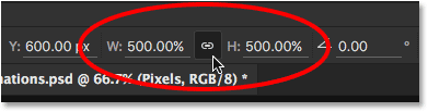Scaling the width and height of the pixel-based image by 500 percent.