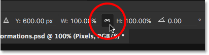 Linking the Width (W) and Height (H) fields together in the Options Bar.