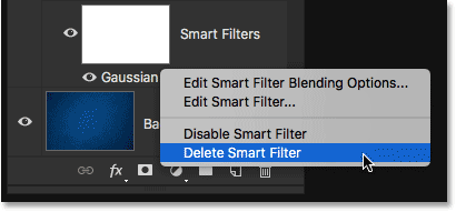 Choosing the Delete Smart Filter menu option. 