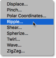 Choosing the Ripple filter from under the Distort menu. 