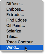 Choosing the Wind filter in Photoshop. 