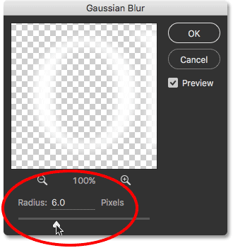 Setting the Radius value in the Gaussian Blur filter dialog box. 