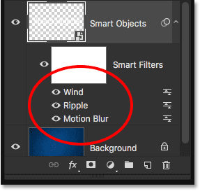 The Layers panel showing all three Smart Filters being applied to the type. 