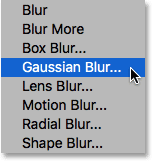 Selecting the Gaussian Blur filter. 