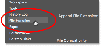 Choosing the File Handling preferences in Photoshop.