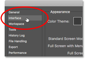 Opening the Interface preferences in Photoshop.