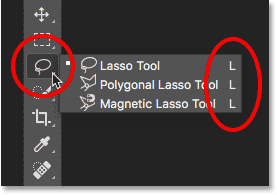 تشترك بعض الأدوات ، مثل أدوات lasso ، في نفس اختصار لوحة المفاتيح.