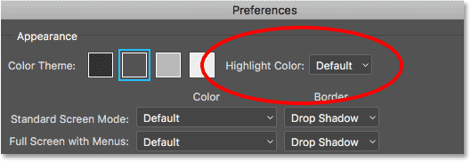 The Highlight Color option in the Interface preferences in Photoshop CC.