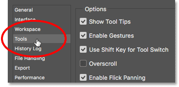 Opening the Tools preferences in Photoshop.