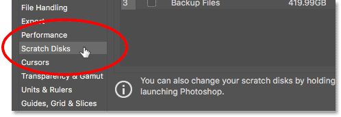 Opening the Scratch Disks preferences in Photoshop.