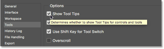 A Tool Tip explaining an option in Photoshop.