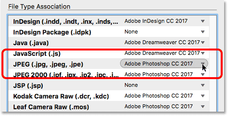 The JPEG settings in the File Type Associations in Adobe Bridge.