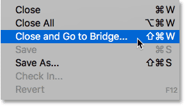 Choosing the Close and Go to Bridge command in Photoshop.