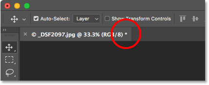 An asterisk in the document tab means you have not saved your changes.