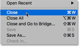 Choosing the Close command in Photoshop.