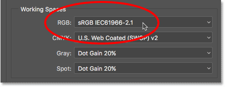 Cliquer sur l'espace de travail RVB actuel dans Photoshop.