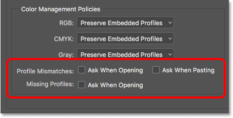 The Profile Mismatches and Missing Profiles section of the Color Management Policies