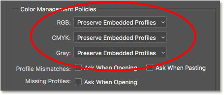 Sekcja Color Management Policies (Zasady zarządzania kolorami) w oknie dialogowym Color Settings (Ustawienia kolorów).