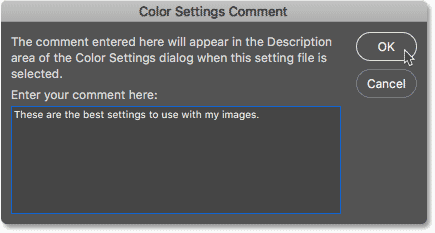 The Color Settings Comment dialog box.