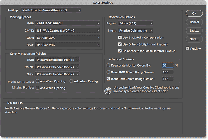 Căsuța de dialog Color Settings din Photoshop CC.