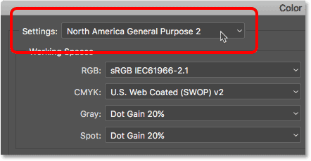 Forudindstillingen North America General Purpose 2 farveindstillinger i Photoshop.