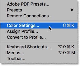 Opening the Color Settings from the Edit menu in Photoshop CC.