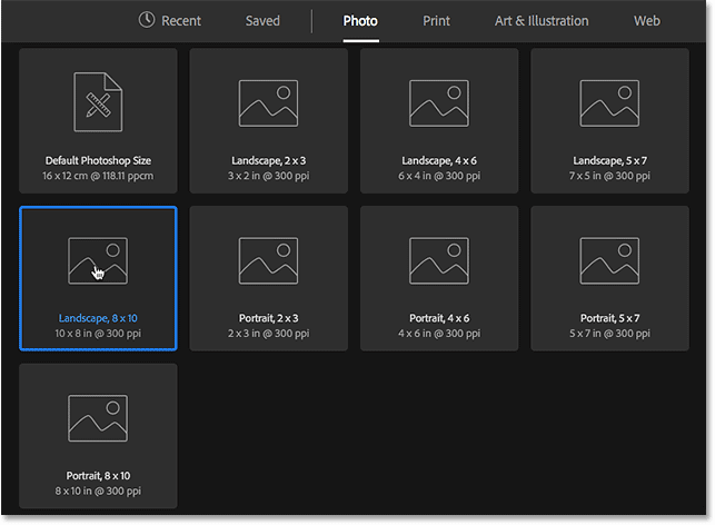 Choosing a preset document size.