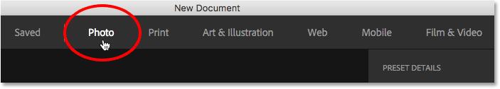 Choosing Photo from the document categories in the New Document dialog box.