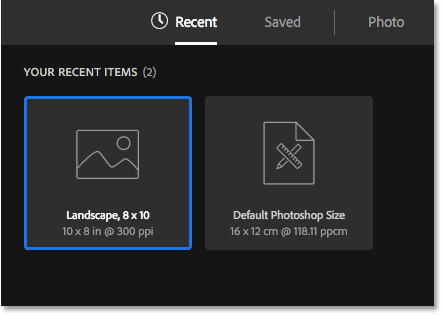 My previously-used document size now appears in the Recent list.