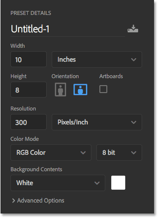 The Preset Details panel in the New Document dialog box.