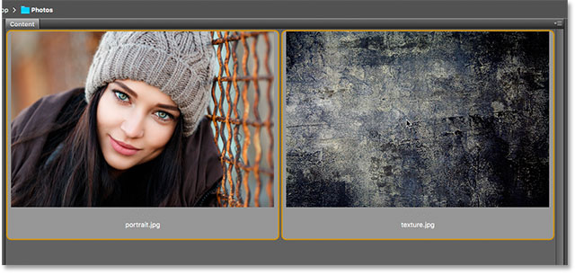 Selecting and opening two photos into Photoshop using Adobe Bridge.