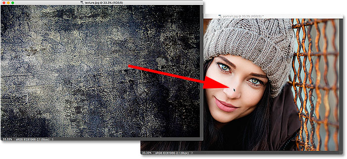 Faire glisser une image entre des fenêtres flottantes dans Photoshop.