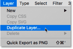 Choosing the Duplicate Layer command from under the Layer menu in Photoshop.