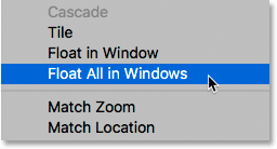 Choosing the Float All in Windows command in Photoshop.