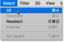 Choosing the Select All command in Photoshop.