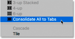 Choosing the Consolidate All to Tabs command in Photoshop.