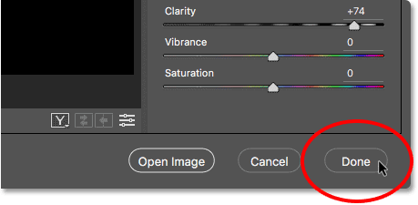 The Done button in Camera Raw.