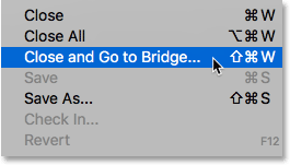 Choosing the Close and Go to Bridge command in Photoshop.