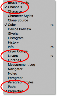 The Channels panel now has a checkmark beside it under the Window menu. 