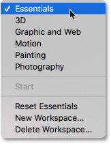 The workspace selection menu in Photoshop.